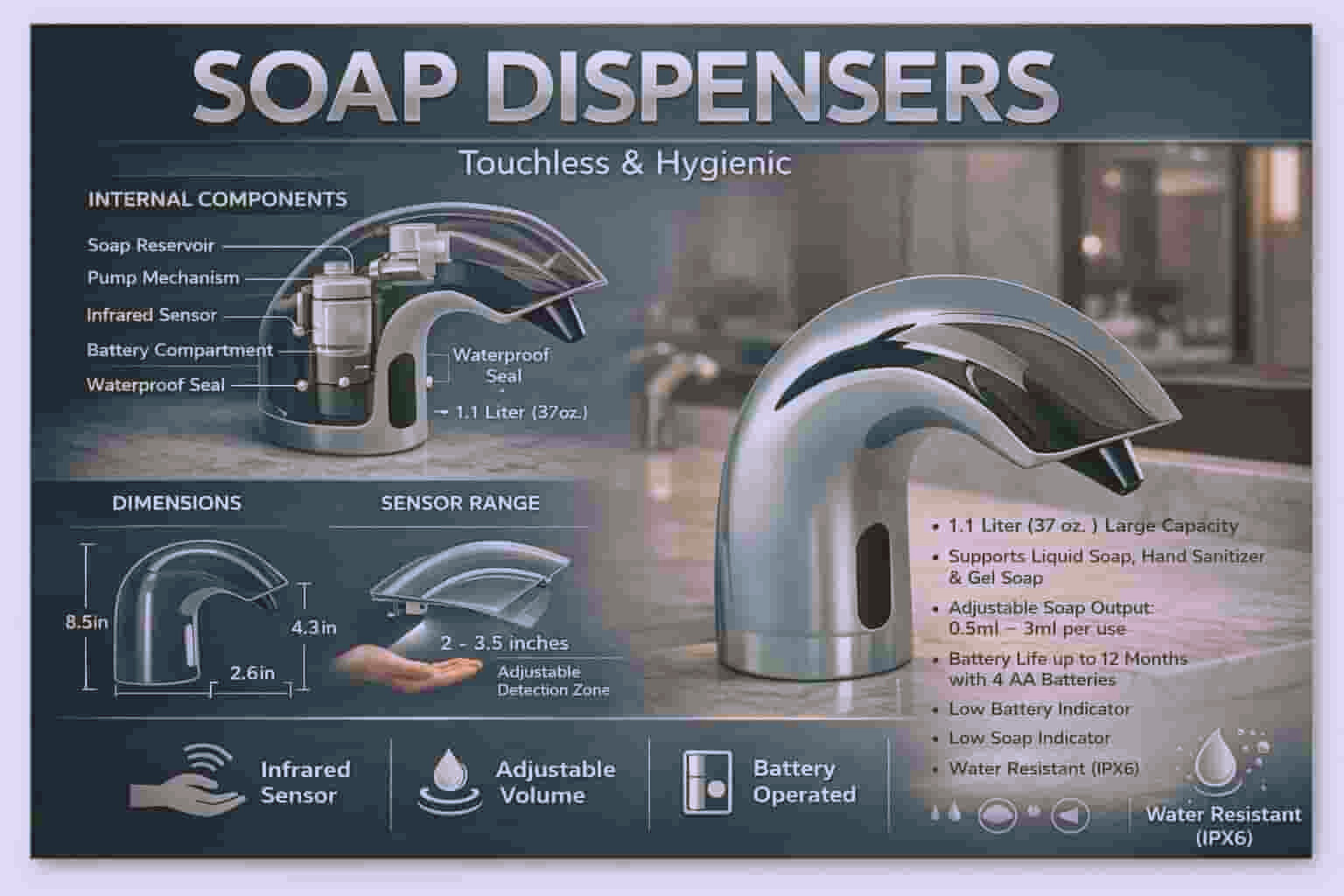 A row of touchless soap dispensers in the bathroom at the company's headquarters
